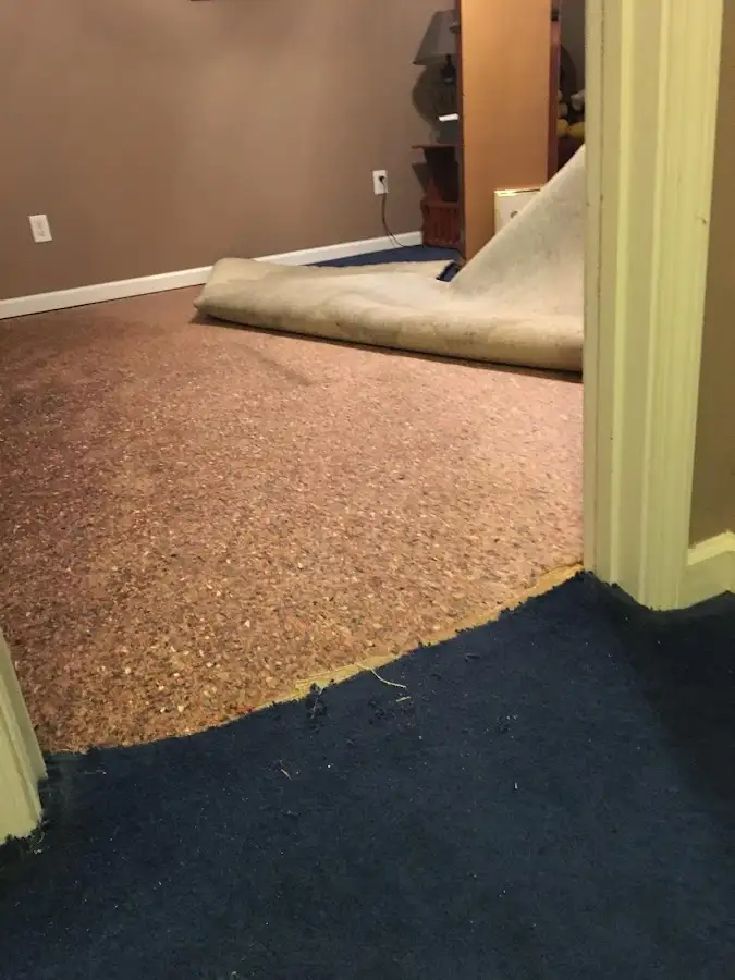 Carpet pad removal revealing water damage during Water Mitigation Services in Mechanicsville